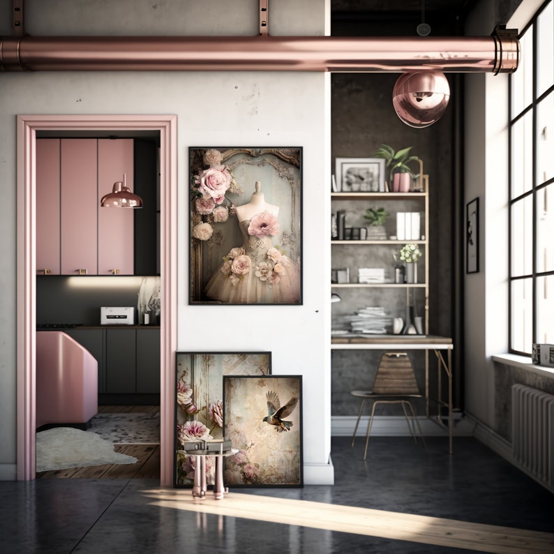 May include: Three framed prints with floral and bird designs hang on a white wall in a modern loft space. The prints are in black frames and feature a vintage aesthetic.