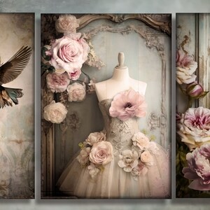 May include: A vintage-inspired art print featuring a mannequin wearing a delicate, blush-colored dress adorned with floral accents. The dress is displayed against a backdrop of a distressed, antique-looking frame and a floral arrangement.