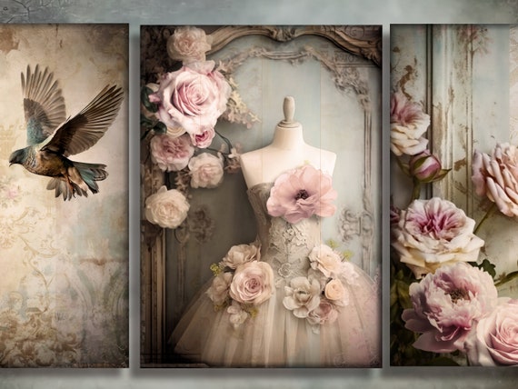 Shabby Chic Mannequin Print Set: Bird & Floral French Cottage Art (Digital Download)