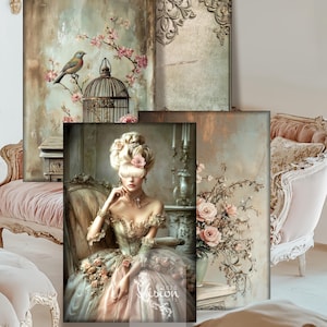Puede incluir: Un collage de tres impresiones de arte digital que representan a una mujer con un vestido vintage, un pájaro en una jaula y un ramo de rosas rosas. Las impresiones tienen una estética suave y romántica y son perfectas para agregar un toque de elegancia a cualquier habitación.