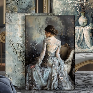 Impression d'art portrait baroque de mauvaise humeur : mur de galerie floral gris argenté (téléchargement numérique)