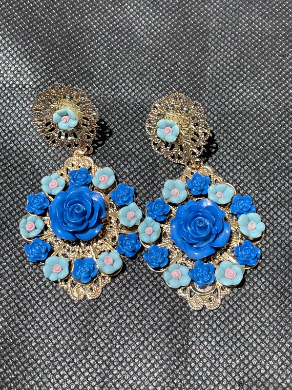 Vintage Colorful Spanish Style Blue Rose Gold-Tone