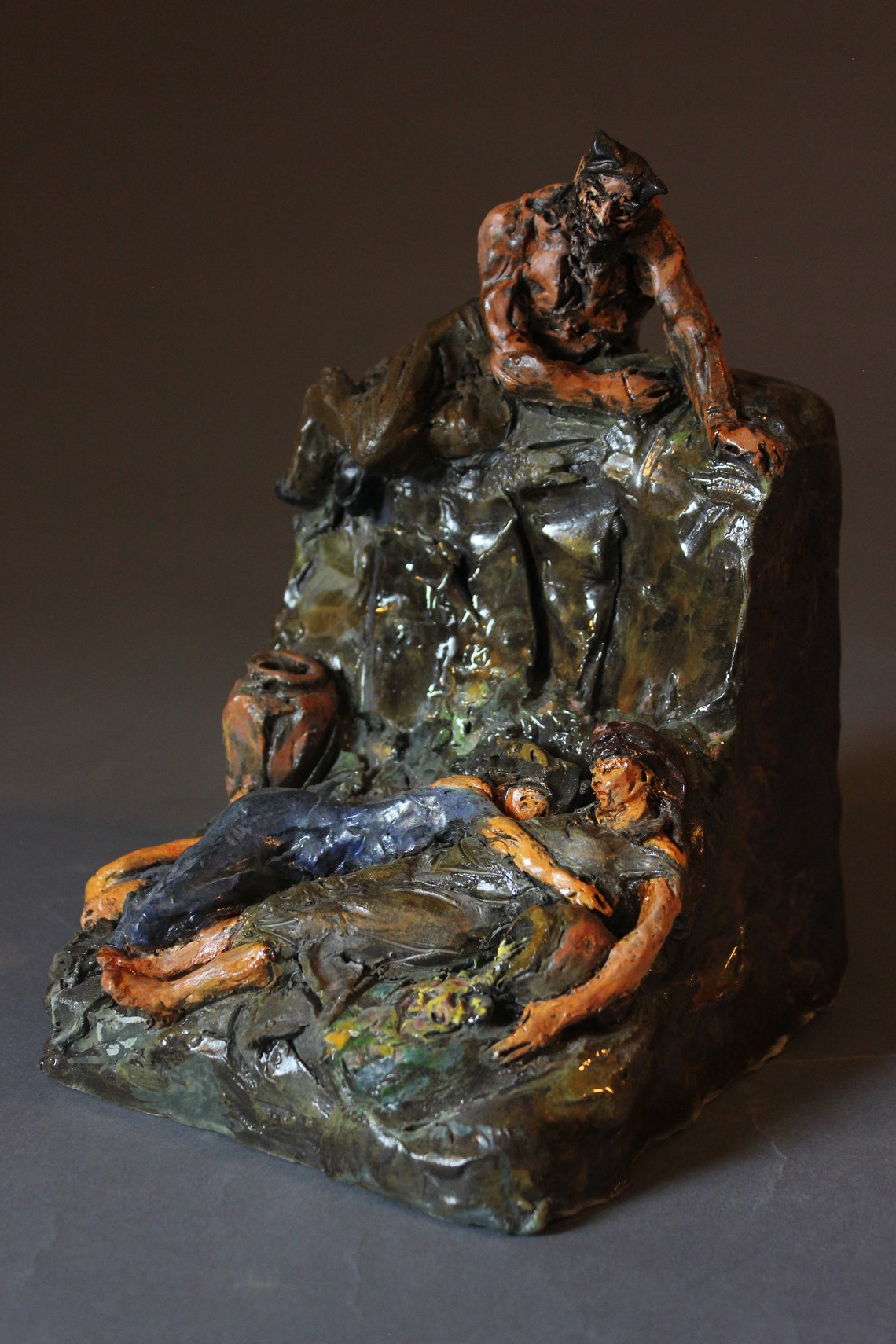 Satyr and Sleeping Nymphs, Bookend, Fine Art, Ceramic Sculpture, Home