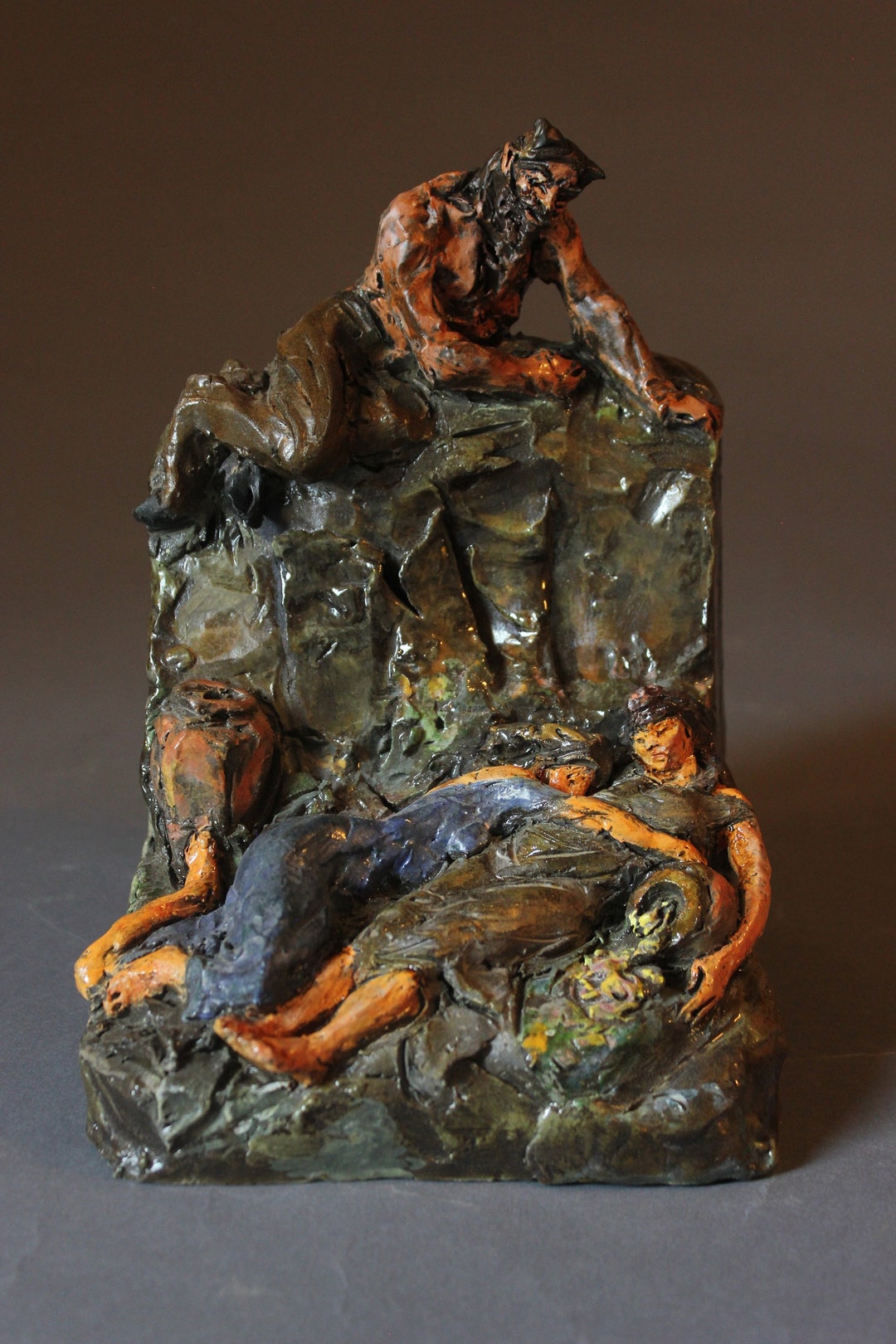 Satyr and Sleeping Nymphs, Bookend, Fine Art, Ceramic Sculpture, Home