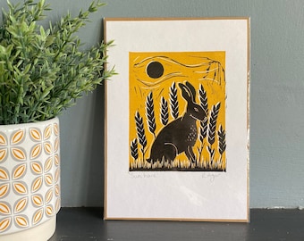 Original 'Sun hare' lino print | home & living | wildlife print | wall art | housewarming gift | nursery decor | home decor | hare lovers