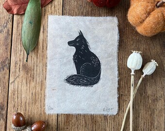 Original fox lino print, mini print, A6 print, countryside print, wildlife, nature themed, home & living, nursery decor, wall art, autumnal
