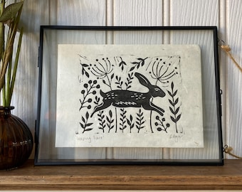 Leaping Hare lino print | original print | home & living | home decor | A5 | wall art | nature themed | wild flowers | gifts for makers