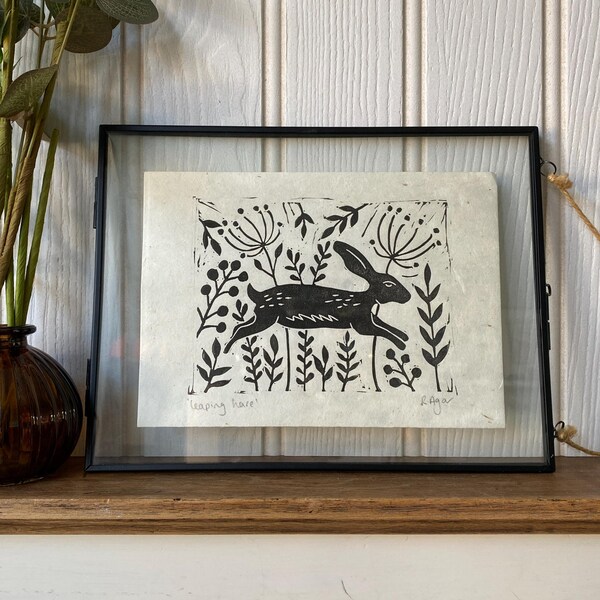 Leaping Hare lino print | original print | home & living | home decor | A5 | wall art | nature themed | wild flowers | gifts for makers