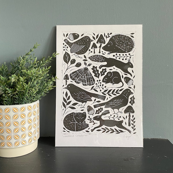 Original 'woodland creatures' lino print | home & living | woodland themed | nature | nursery decor | wall art | home decor | A4 print