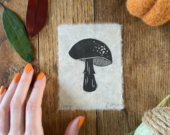 Original fungi lino print | mini print | toadstool | woodland | wall decor | home & living | home decor | autumn decor | handmade paper