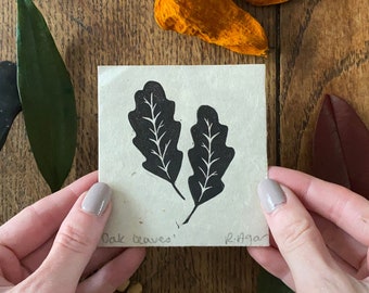 Mini oak leaves lino print | mini print | home decor | gifts for nature lovers | wall art | home & living | hand printed | botanical | gift