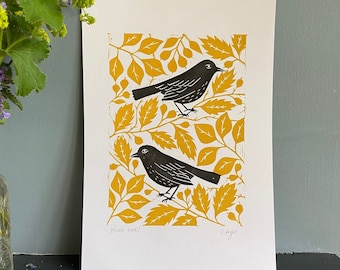 Original 'black birds' lino print | prints | A4 | home & living | wall art | home decor | nature themed | botanical | bird watching gift