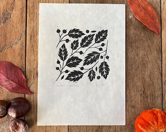 Original 'leaves & berries' lino print | home and living | wall art | gifts for gardeners | botanical | nature themed | eco friendly