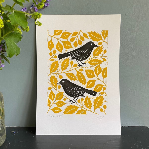 Original 'black birds' lino print | prints | A4 | home & living | wall art | home decor | nature themed | botanical | bird watching gift