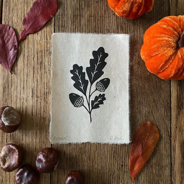 Original 'Acorns' lino print | prints | mini print | A6 | oak leaves | wall decor | home decor | home & living | autumnal | postcards