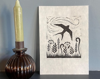 Original 'Summer Swift' lino print | home & living | home decor | wall art | rustic style | A5 prints | wildlife | gifts for gardeners