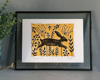 Original 'Leaping Hare' print | lino print | A5 print | home & living | wall decor | home decor | nature themed | Hare | wild flowers