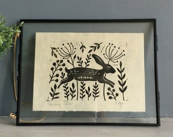 Leaping Hare lino print | original print | home & living | home decor | A5 | wall art | nature themed | wild flowers | gifts for makers