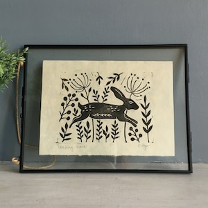 Leaping Hare lino print | original print | home & living | home decor | A5 | wall art | nature themed | wild flowers | gifts for makers