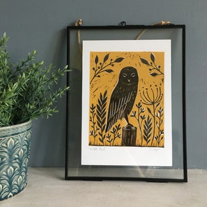 Original 'Wild Owl' print | lino print | home decor | botanical | wildlife | nature themed | owl lovers | owls | wild flowers