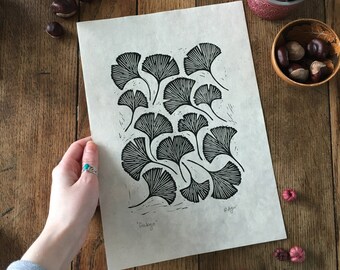 Original 'Ginkgo' lino print | ginkgo leaves | home decor | home & living | wall art | nature themed | botanical | A4 prints | gifts