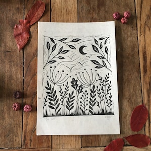 Original 'The Wild' lino print on lokta paper | wild flowers | nature themed | home decor | wall art | home & living | rustic style | gifts