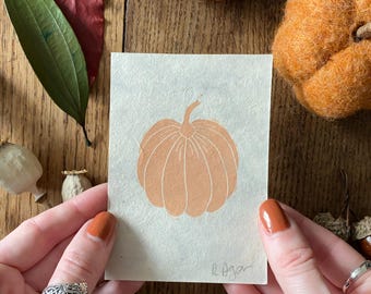 Mini Pumpkin lino print, autumnal prints, fall decor, home & living, fall artwork, nursery decor, rustic style, hand printed, nature themed