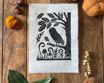 Original 'Woodland Owl' lino print | home & living | home decor | wildlife | rustic style | relief print | hand printed | prints