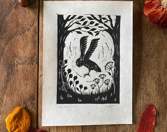 Original 'Hunting Owl' lino print | owl prints | home & living | wildlife | nursery decor | countryside prints | hand printed | owl lovers