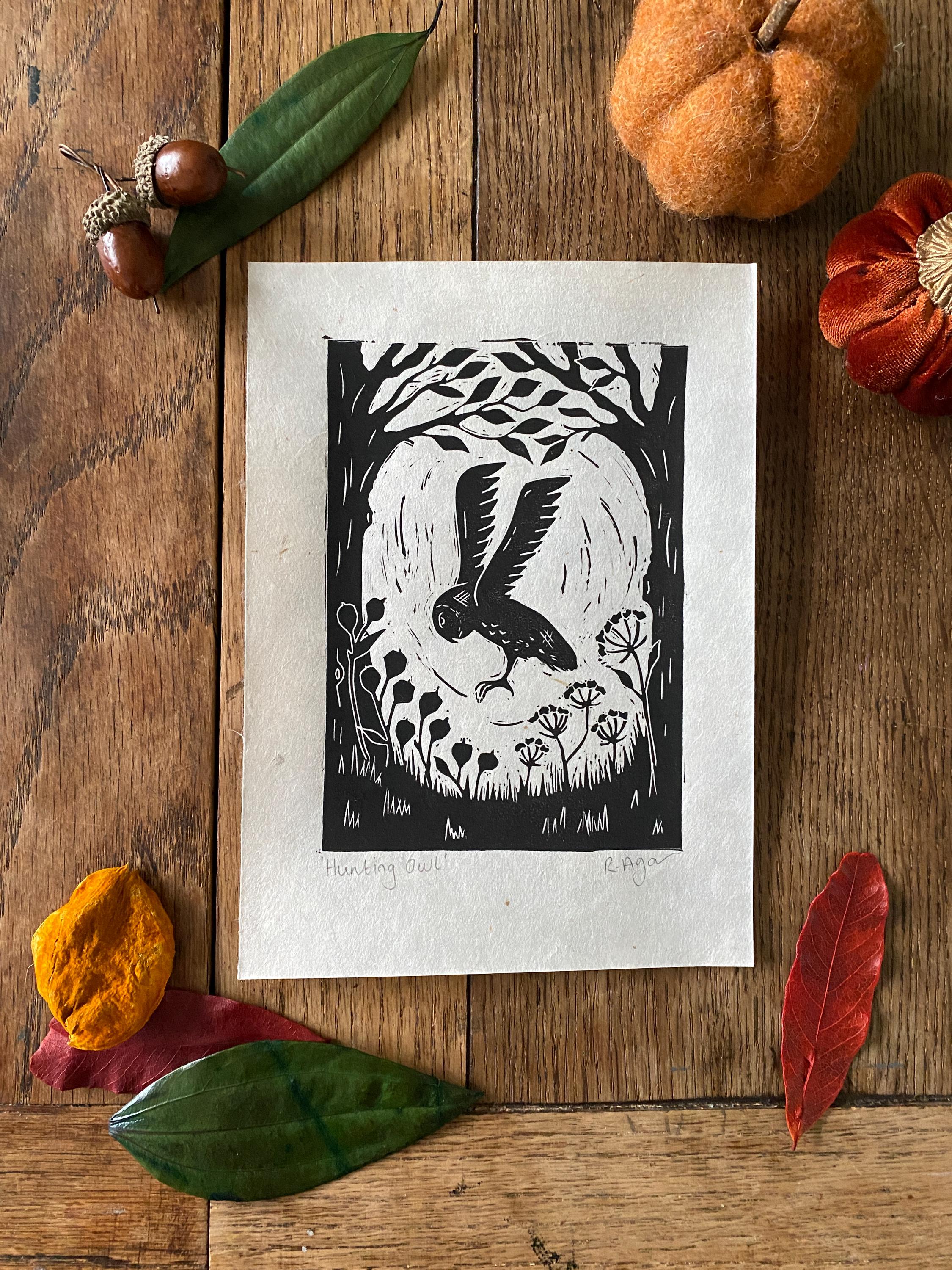 Original 'Hunting Owl' lino print | owl prints | home & living | wildlife | nursery deco