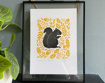Original 'Botanical squirrel' lino print | home & living | home decor | wall decor | housewarming gift | nature themed | wildlife print