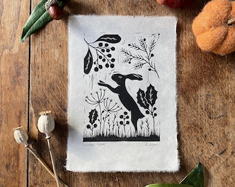 Original 'Winter Hare' lino print, A5 prints, home & living, British wildlife, Hare, wall art, nature themed, nursery decor