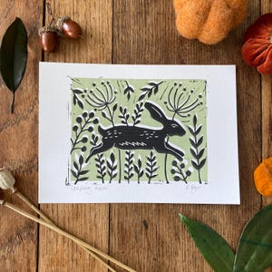 Original 'Leaping Hare' print | lino print | A5 print | home & living | wall decor | home decor | nature themed | Hare | wild flowers