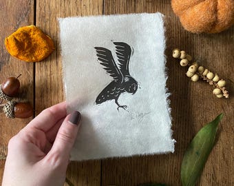 Mini flying owl lino print | original print | owl lovers | home decor | home & living | wall art | wildlife | nature themed | nursery decor