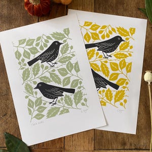 Original 'black birds' lino print, prints, A4, home & living, wall art, home decor, nature themed,  botanical, bird watching gift, wildlife