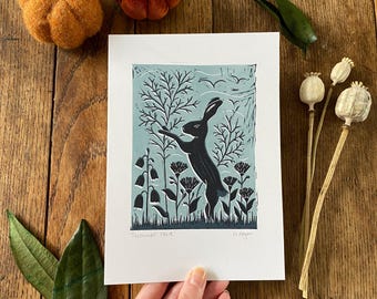 Original 'Summer Hare' lino print, home & living, hare print, British wildlife, nature lovers, nursery decor, wall art, countryside, rustic
