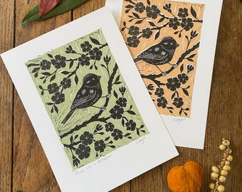 Original 'Blue Tit & Blossom' lino print, home decor, wildlife, garden lovers, hand printed, nursery decor, A5 prints, botanical wall art