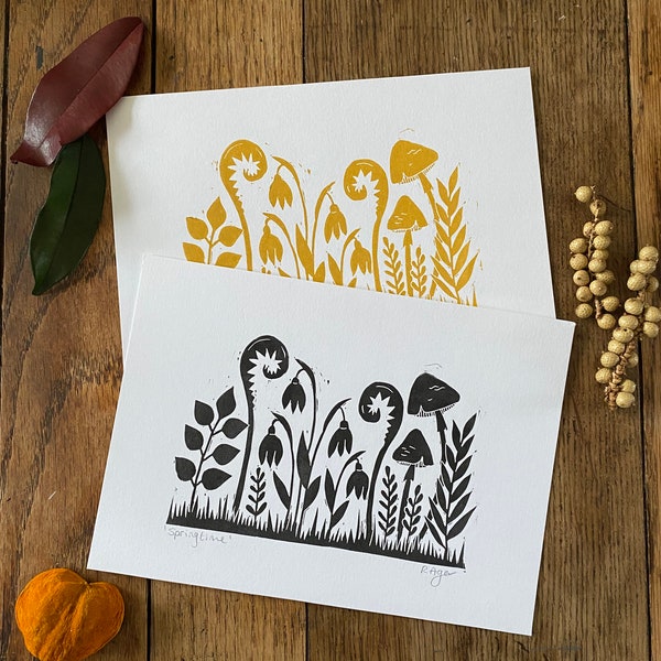 Hand printed 'Springtime' lino print with leaves and fungi, original A5 home decor for nature and garden lovers