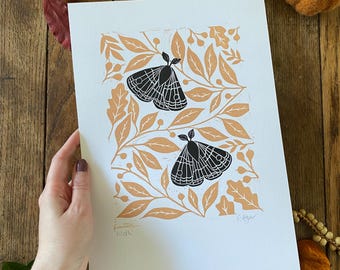 Original moth lino print, home & living, botanical, home decor, wall art, nature themed, insect print, moths, housewarming gift, nursery