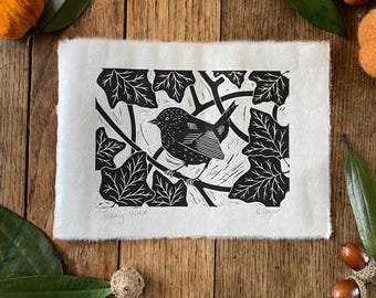Original 'Jenny Wren' lino print | home decor | countryside decor | wildlife print | bird watching gift | hand printed | nature themed