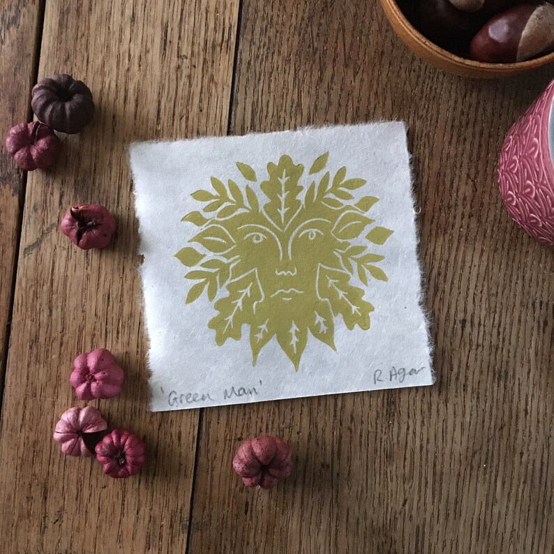 home /& living home decor wall art the green man block print gift Mini green man lino print nature themed print small prints