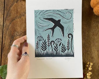 Original 'Summer Swift' lino print, A5 prints, home & living, wall art, home decor, nursery decor, wildlife print, rustic style, farmhouse