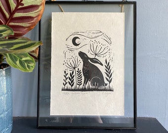 Original 'moon gazing hare' lino print | A5 prints | home & living | home decor | wall art | wildlife lovers | nature prints | botanical