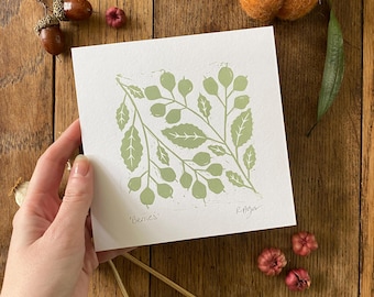 Original 'Berries' lino print in sage green, botanical artwork, nursery decor, gift for gardeners