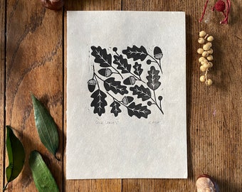 Original 'Oak leaves' lino print | home & living | wall art | nature themed | prints | home decor | botanical | A5 | nursery decor | gifts