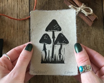 Mini 'toadstool' lino print | prints | home & living | home decor | wall art | fungi | woodland | housewarming gift | nature themed