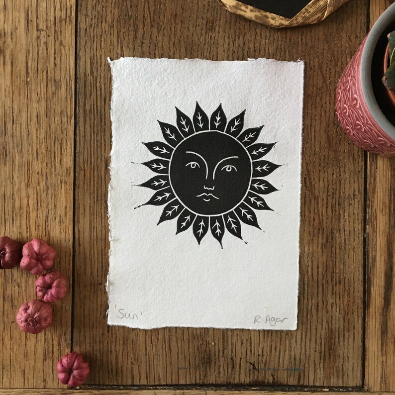 Small sun print lino prints home decor wall art bohemian boho style prints hand printed dorm decor Black