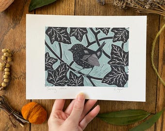 Original 'Jenny Wren' lino print | home & living | wren print | countryside decor | nursery  decor | farmhouse | birdwatching gift | nature
