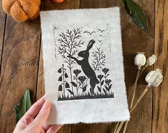 Summer Hare lino print, original prints, wildlife lover, home & living, nursery decor, wall art, rustic style, nature inspired, countryside