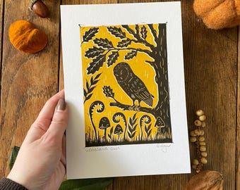 Original 'Woodland Owl' lino print | home decor | wildlife prints | owl print | owl lovers gift | countryside | home & living | relief print